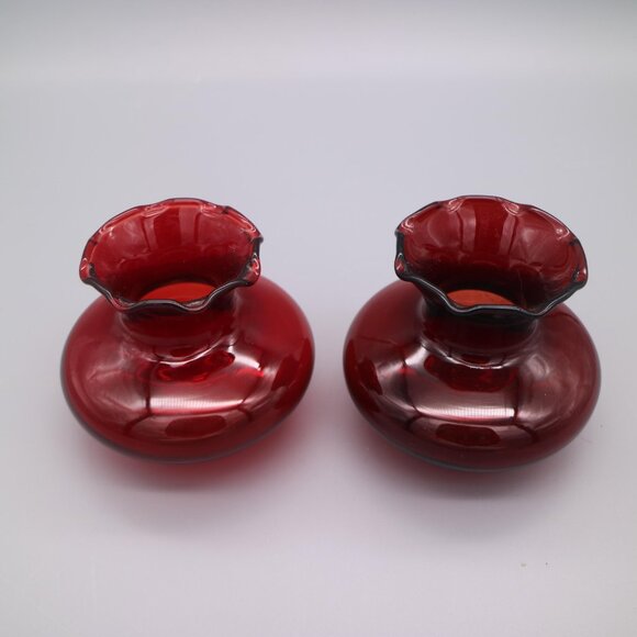 Vintage American Anchor Hocking Ruby Red Flared Ruffle Top 3" Vases Set of 4 - Picture 6 of 7